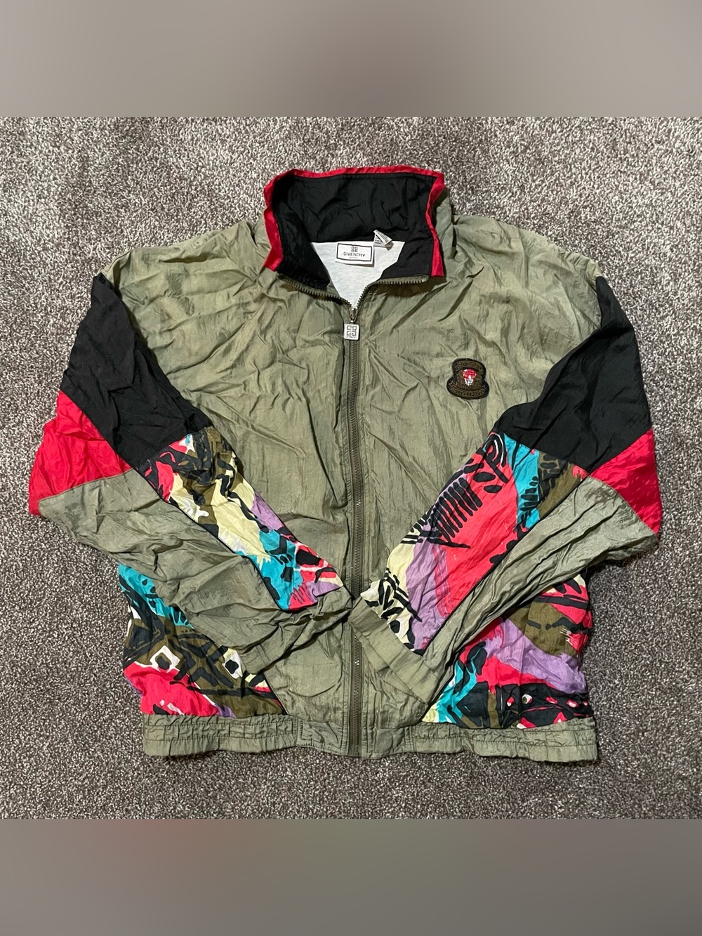 Givenchy Olive Green and Multicolour Abstract Panel Windbreaker Jacket